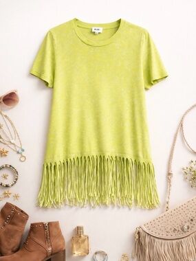 BiBi Neon Lime Fringe Tee Coachella Festival Western Boho Vibes New Size M